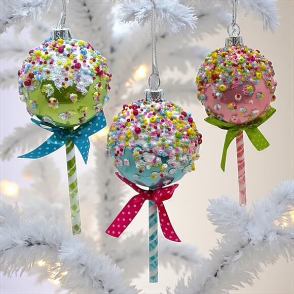 Cake Pops Set/3 Ornaments Glass Pink Blue Green Beaded Christmas Spiral Stick - Picture 1 of 3